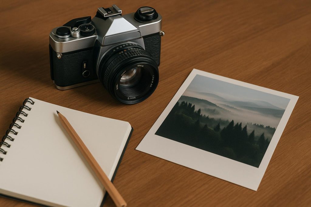 Camera and sketchbook on a designer’s desk highlighting the link between photography and design