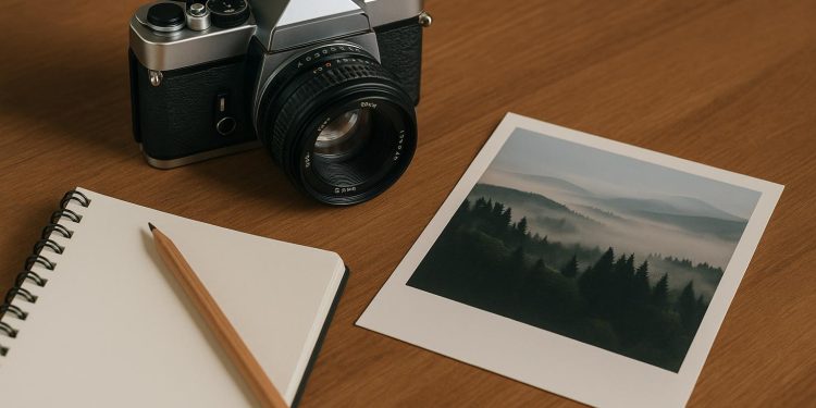Camera and sketchbook on a designer’s desk highlighting the link between photography and design