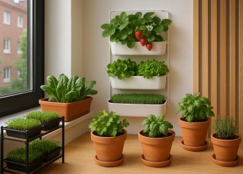 Compact urban balcony filled with lush micro-gardens and container plants for small homes