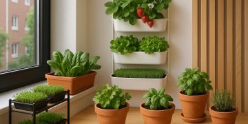 Compact urban balcony filled with lush micro-gardens and container plants for small homes