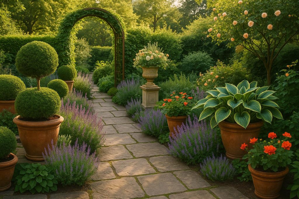 Lush modern garden with classic stone pathway, flowering borders, and sculpted greenery