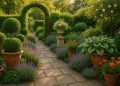 Lush modern garden with classic stone pathway, flowering borders, and sculpted greenery
