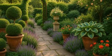Lush modern garden with classic stone pathway, flowering borders, and sculpted greenery