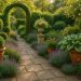Lush modern garden with classic stone pathway, flowering borders, and sculpted greenery