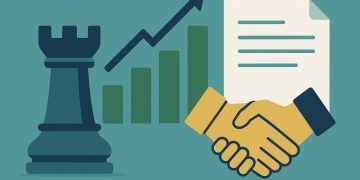 Business deal structure concept with documents, graphs, and handshake symbolizing execution certainty