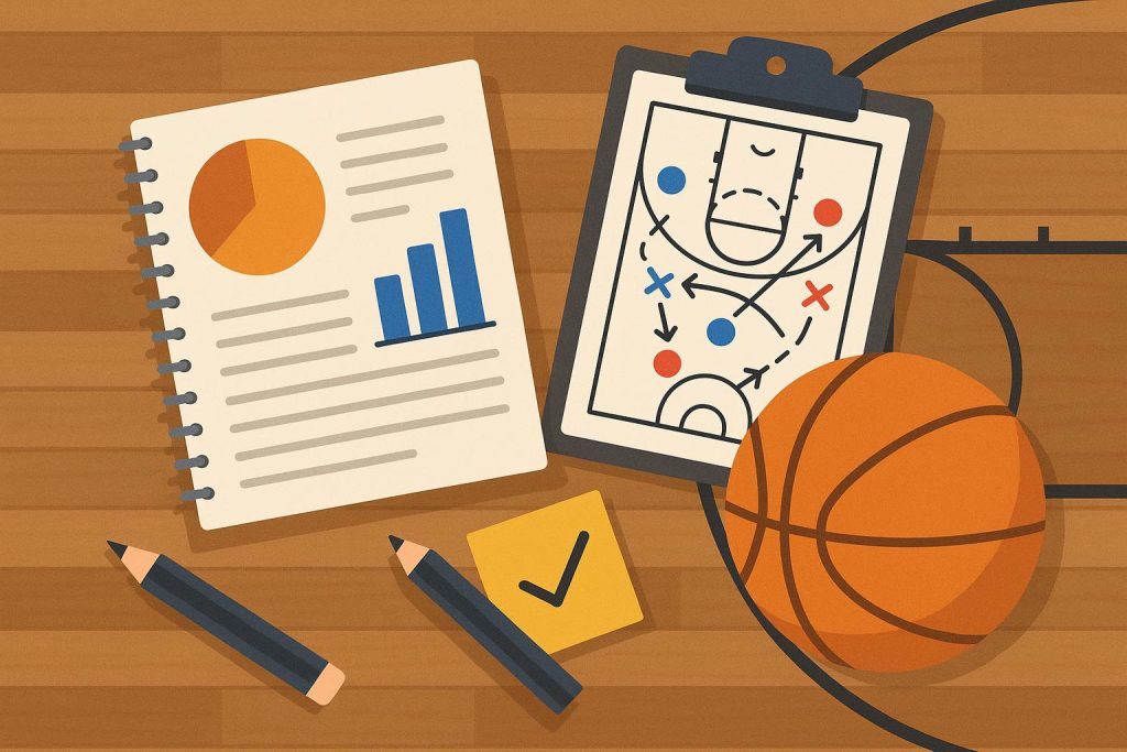 Basketball court with analytics charts and strategy diagrams for successful game analysis