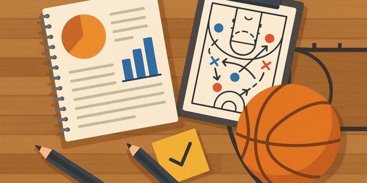 Basketball court with analytics charts and strategy diagrams for successful game analysis