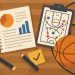 Basketball court with analytics charts and strategy diagrams for successful game analysis