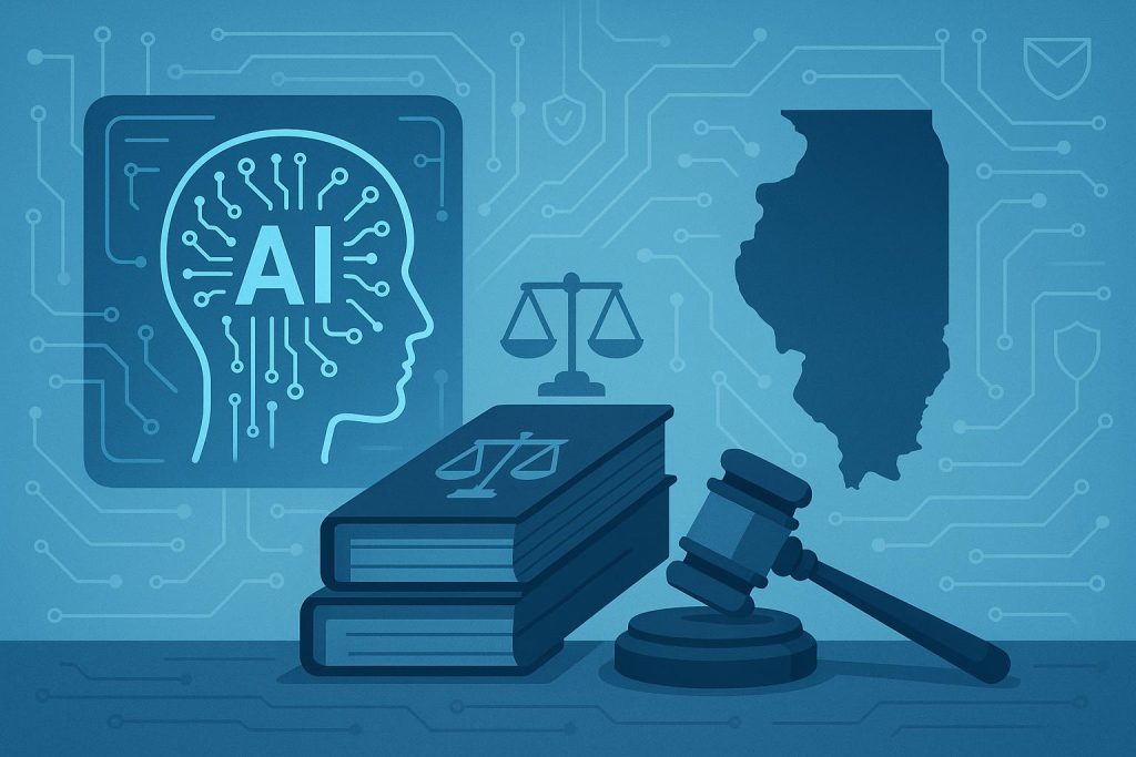 Gavel and artificial intelligence icons representing AI use in Illinois domestic violence cases