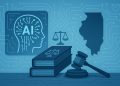 Gavel and artificial intelligence icons representing AI use in Illinois domestic violence cases