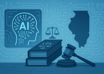 Gavel and artificial intelligence icons representing AI use in Illinois domestic violence cases
