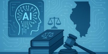 Gavel and artificial intelligence icons representing AI use in Illinois domestic violence cases