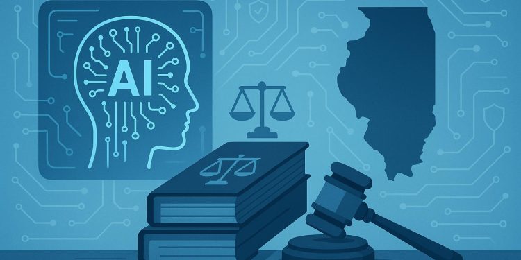 Gavel and artificial intelligence icons representing AI use in Illinois domestic violence cases