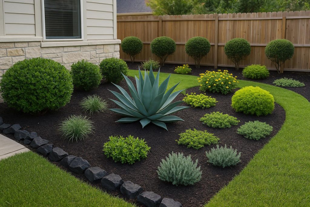 Colorful, low-maintenance backyard garden with mulch, drought-tolerant plants, and stepping stones