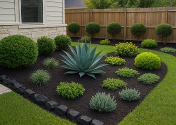 Colorful, low-maintenance backyard garden with mulch, drought-tolerant plants, and stepping stones