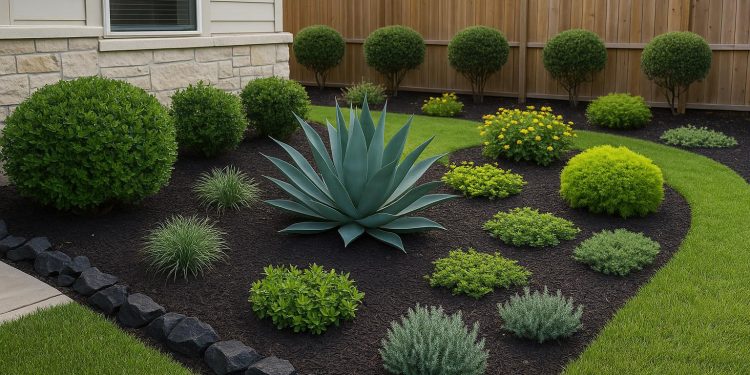 Colorful, low-maintenance backyard garden with mulch, drought-tolerant plants, and stepping stones