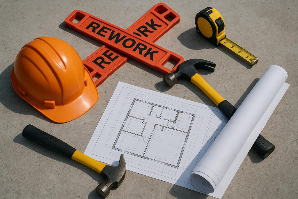 Construction site with blueprints and tools illustrating tips to prevent project reworks