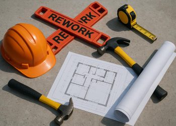 Construction site with blueprints and tools illustrating tips to prevent project reworks