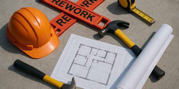 Construction site with blueprints and tools illustrating tips to prevent project reworks