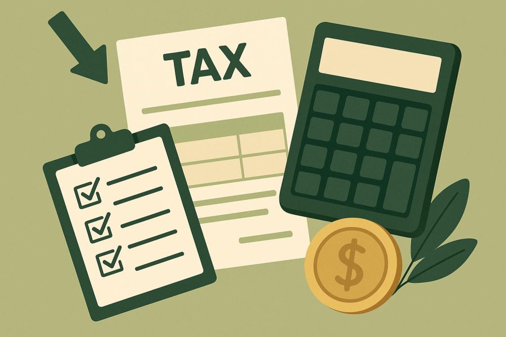 Business documents, calculator, and tax forms illustrating strategies to reduce business tax payments