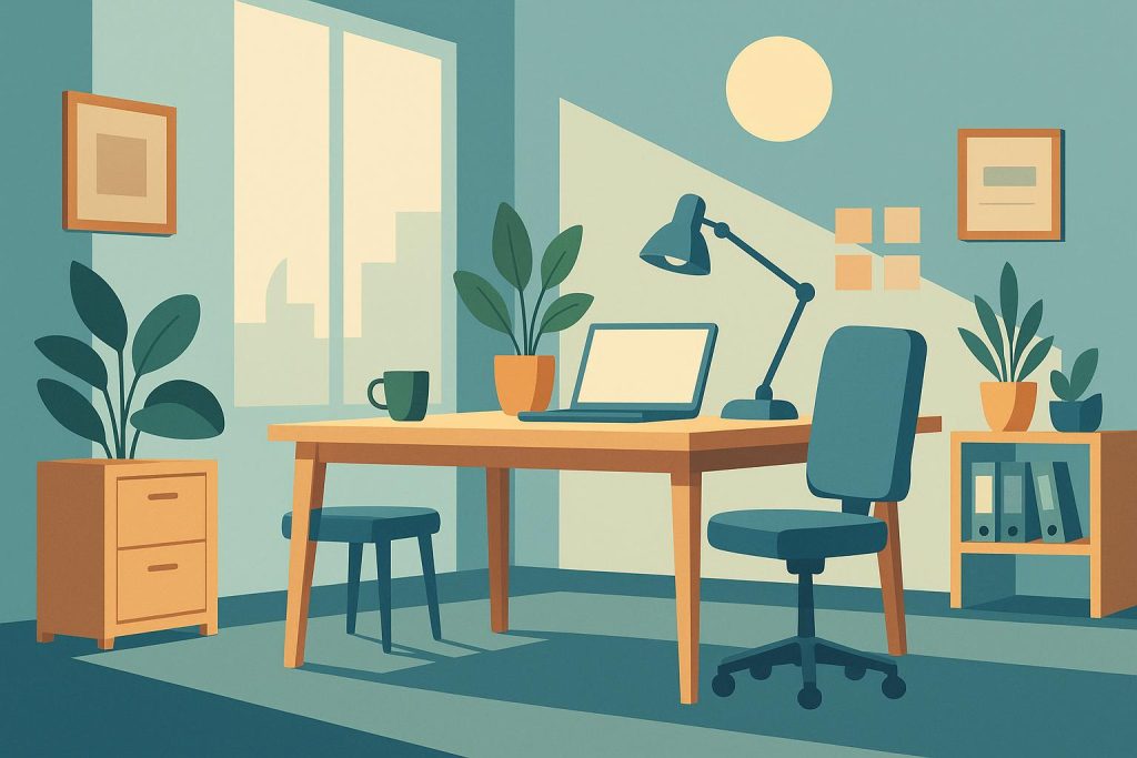 Modern office workspace with natural light, collaborative desks, and motivational décor elements