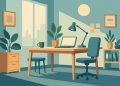 Modern office workspace with natural light, collaborative desks, and motivational décor elements