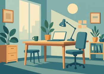 Modern office workspace with natural light, collaborative desks, and motivational décor elements