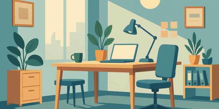 Modern office workspace with natural light, collaborative desks, and motivational décor elements