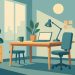 Modern office workspace with natural light, collaborative desks, and motivational décor elements