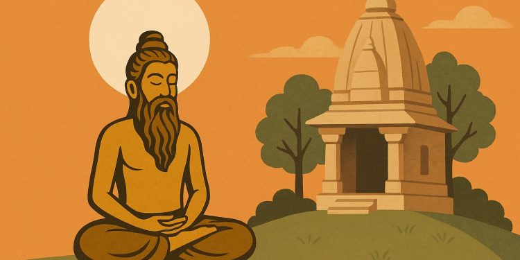 Contemporary spiritual teacher meditating in a minimalist urban setting, symbolizing modern wisdom